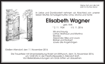 Traueranzeige von Elisabeth Wagner von Gießener Allgemeine, Alsfelder Allgemeine