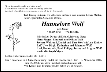 Traueranzeige von Hannelore Wolf von Gießener Allgemeine, Alsfelder Allgemeine