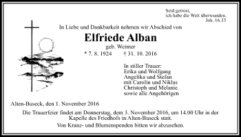 Traueranzeige von Elfriede Alban von Gießener Allgemeine, Alsfelder Allgemeine