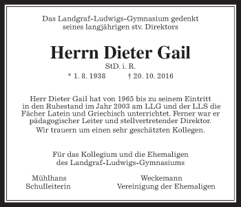 Traueranzeige von Dieter Gail von Gießener Allgemeine, Alsfelder Allgemeine