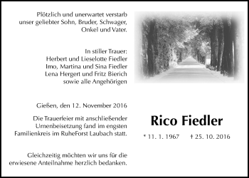 Traueranzeige von Rico Fiedler von Gießener Allgemeine, Alsfelder Allgemeine