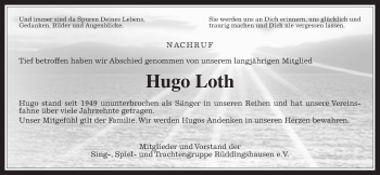Traueranzeige von Hugo Loth von Rabenauer Zeitung