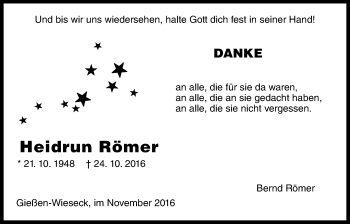Traueranzeige von Heidrun Römer von Gießener Allgemeine, Alsfelder Allgemeine