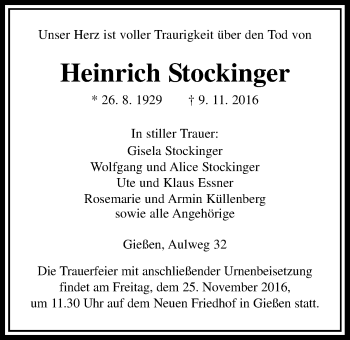 Traueranzeige von Heinrich Stockinger von Gießener Allgemeine, Alsfelder Allgemeine