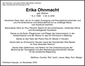 Traueranzeige von Erika Ohnmacht von Gießener Allgemeine, Alsfelder Allgemeine