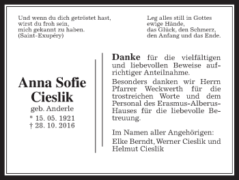 Traueranzeige von Anna Sofie Cieslik von Wetterauer Zeitung, Wetterauer Zeitung