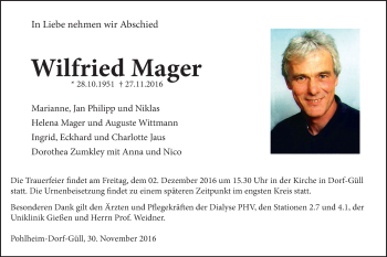 Traueranzeige von Wilfried Mager von Gießener Allgemeine, Alsfelder Allgemeine