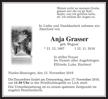 Traueranzeige von Anja Grasser von Gießener Allgemeine, Alsfelder Allgemeine
