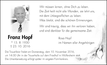Traueranzeige von Franz Hopf von Wetterauer Zeitung, Wetterauer Zeitung