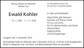 Traueranzeige von Ewald Kohler von Gießener Allgemeine, Alsfelder Allgemeine