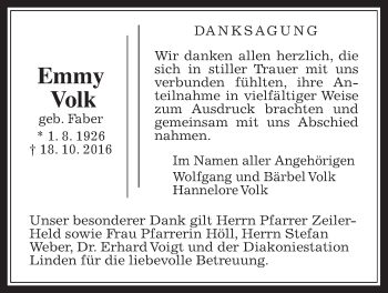 Traueranzeige von Emmy Volk von Gießener Allgemeine, Alsfelder Allgemeine