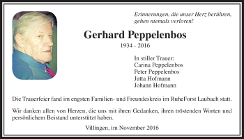 Traueranzeige von Gerhard Peppelenbos von Licher Wochenblatt, Licher Wochenblatt, Licher Wochenblatt