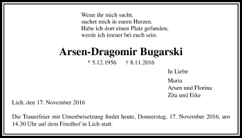 Traueranzeige von Arsen-Dragomir Bugarski von Licher Wochenblatt, Licher Wochenblatt, Licher Wochenblatt