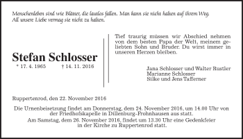 Traueranzeige von Stefan Schlosser von Gießener Allgemeine, Alsfelder Allgemeine