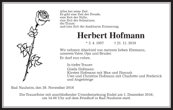 Traueranzeige von Herbert Hofmann von Wetterauer Zeitung, Wetterauer Zeitung