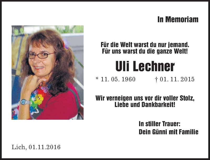  Traueranzeige für Ulrike Lechner vom 01.11.2016 aus Gießener Allgemeine, Alsfelder Allgemeine