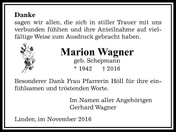 Traueranzeige von Marion Wagner von Gießener Allgemeine, Alsfelder Allgemeine