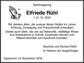 Traueranzeige von Elfriede Rühl von Gießener Allgemeine, Alsfelder Allgemeine