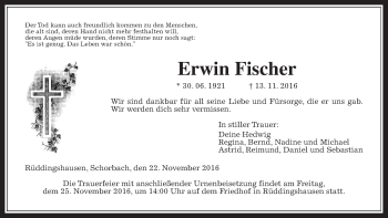 Traueranzeige von Erwin Fischer von Gießener Allgemeine, Alsfelder Allgemeine