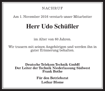 Traueranzeige von Udo Schüßler von Wetterauer Zeitung, Wetterauer Zeitung