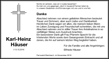 Traueranzeige von Karl-Heinz Häuser von Gießener Allgemeine, Alsfelder Allgemeine