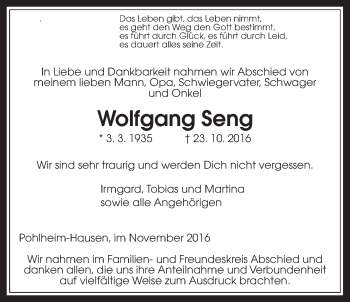 Traueranzeige von Wolfgang Seng von Pohlheimer Nachrichten