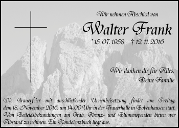 Traueranzeige von Walter Frank von Alsfelder Allgemeine