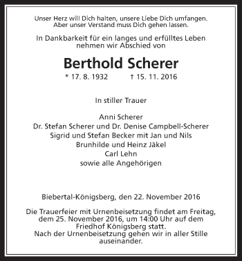 Traueranzeige von Berthold Scherer von Gießener Allgemeine, Alsfelder Allgemeine