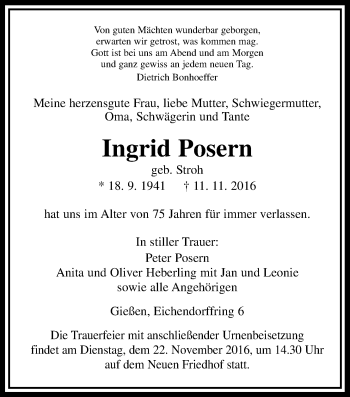 Traueranzeige von Ingrid Posern von Gießener Allgemeine, Alsfelder Allgemeine