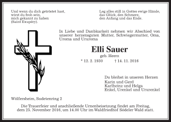 Traueranzeige von Elli Sauer von Wetterauer Zeitung, Wetterauer Zeitung