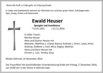 Traueranzeige von Ewald Heuser von Gießener Allgemeine, Alsfelder Allgemeine