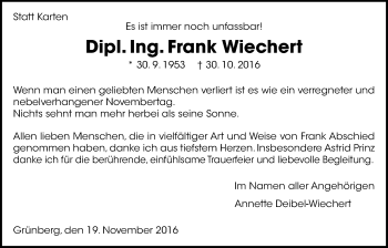 Traueranzeige von Frank Wiechert von Gießener Allgemeine, Alsfelder Allgemeine