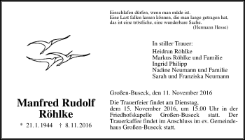 Traueranzeige von Manfred Rudolf Röhlke von Gießener Allgemeine, Alsfelder Allgemeine