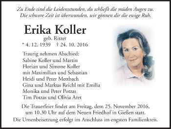 Traueranzeige von Erika Koller von Gießener Allgemeine, Alsfelder Allgemeine