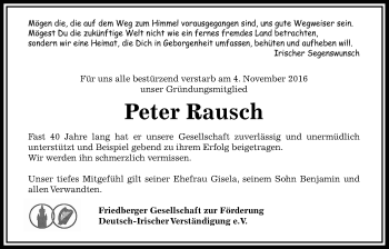 Traueranzeige von Peter Rausch von Wetterauer Zeitung, Wetterauer Zeitung