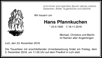 Traueranzeige von Hans Pfannkuchen von Gießener Allgemeine, Alsfelder Allgemeine