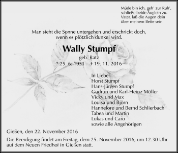 Traueranzeige von Wally Stumpf von Gießener Allgemeine, Alsfelder Allgemeine