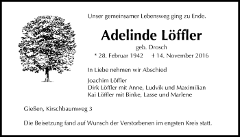 Traueranzeige von Adelinde Löffler von Gießener Allgemeine, Alsfelder Allgemeine