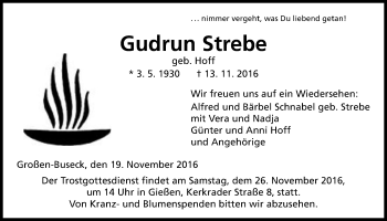 Traueranzeige von Gudrun Strebe von Gießener Allgemeine, Alsfelder Allgemeine