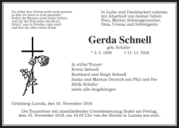 Traueranzeige von Gerda Schnell von Gießener Allgemeine, Alsfelder Allgemeine
