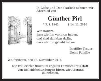 Traueranzeige von Günther Pirl von Wetterauer Zeitung, Wetterauer Zeitung
