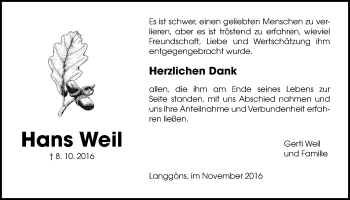 Traueranzeige von Hans Weil von Gießener Allgemeine, Alsfelder Allgemeine
