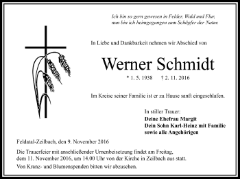 Traueranzeige von Werner Schmidt von Alsfelder Allgemeine