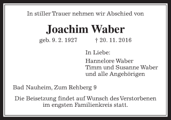 Traueranzeige von Joachim Waber von Wetterauer Zeitung, Wetterauer Zeitung