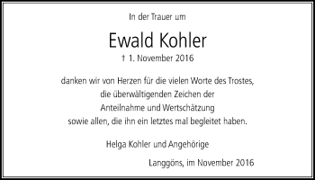 Traueranzeige von Ewald Kohler von Gießener Allgemeine, Alsfelder Allgemeine