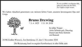 Traueranzeige von Bruno Drewing von Gießener Allgemeine, Alsfelder Allgemeine