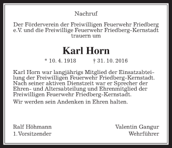 Traueranzeige von Karl Horn von Wetterauer Zeitung, Wetterauer Zeitung