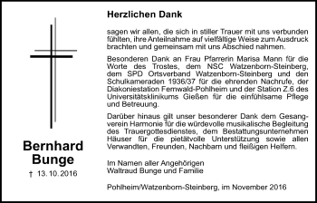 Traueranzeige von Bernhard Bunge von Gießener Allgemeine, Alsfelder Allgemeine