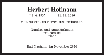 Traueranzeige von Herbert Hofmann von Wetterauer Zeitung, Wetterauer Zeitung
