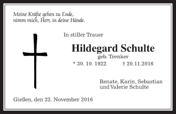 Traueranzeige von Hildegard Schulte von Gießener Allgemeine, Alsfelder Allgemeine